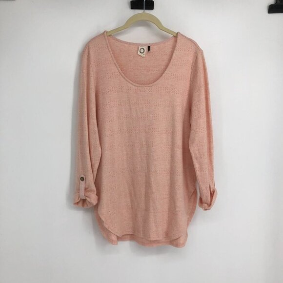 Anthropologie  Akemi + Kin Pink Sylvie Pointelle Knit Long Sleeve Roll Tab Top S - Picture 5 of 16